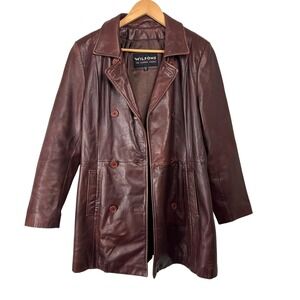 Wilsons Leather Brown Double Breasted Trench Jacket Womens M Grunge Matrix 90s